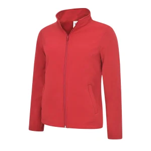 Red ladies classic full zip soft shell jacket front view