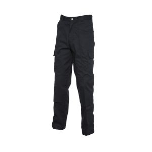 Black workwear cargo trouser with knee pad pockets long front view