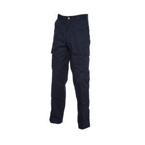 Navy workwear cargo trouser with knee pad pockets long front view