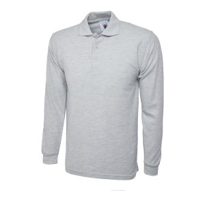 Heather Grey long sleeve classic polo shirt front view