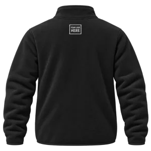 Back of a black quarter-zip fleece with an 80 by 80 millimetre embroidered logo at the nape