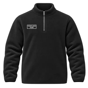 Black quarter-zip fleece with an embroidered logo on the wearer's right chest