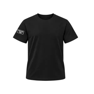 Black T-shirt with a printed logo on the right sleeve