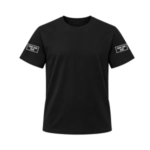 Black T-shirt with printed logos on both sleeves
