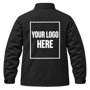 Back of a black work jacket with an A3-size printed logo