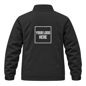 Back of a black work jacket with an A5-size printed logo