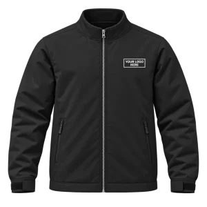 Black full-zip work jacket with a printed logo on the wearer's left chest