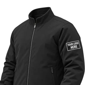 Close-up of a printed logo on the left sleeve of a black work jacket