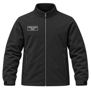 Black full-zip work jacket with a printed logo on the wearer's right chest