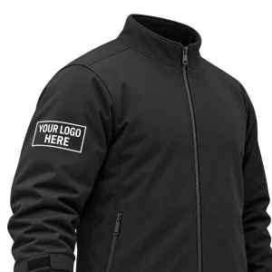 Close-up of a printed logo on the right sleeve of a black work jacket