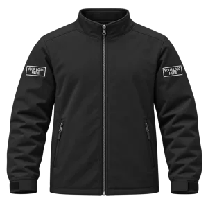Black full-zip work jacket showing embroidered logo positions on both sleeves
