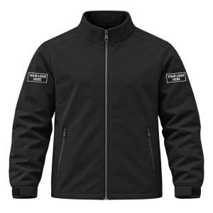 Black full-zip work jacket showing printed logo positions on both sleeves