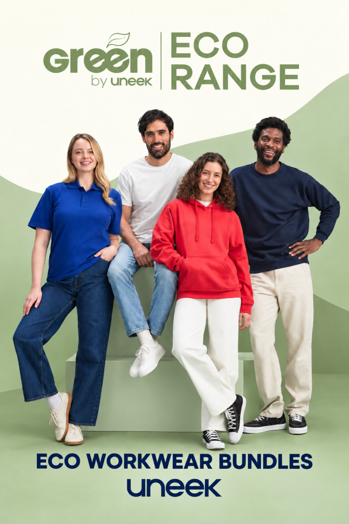 Four models wearing Uneek Green Eco Range workwear for Eco Workwear Bundles