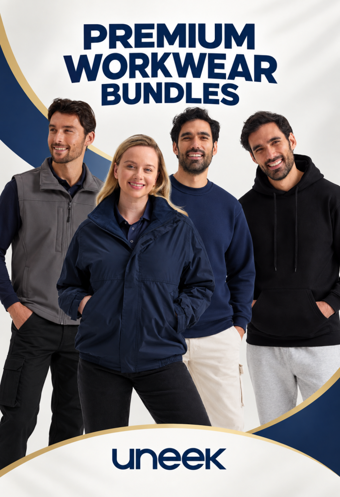 Four models wearing Uneek jackets, a bodywarmer, sweatshirt and hoodie for Premium Workwear Bundles