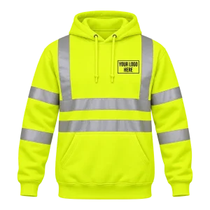 Yellow Hi-Vis hoodie with a printed logo on the left chest