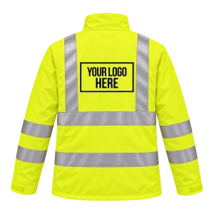 Yellow Hi-Vis jacket with a landscape A4 logo printed on the back