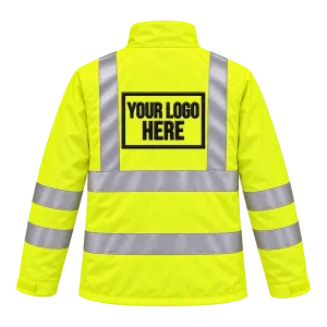 Yellow Hi-Vis jacket with a large embroidered logo on the back