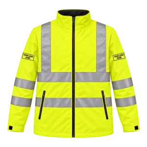 Yellow Hi-Vis jacket with printed logos on both sleeves