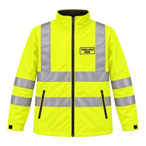 Yellow Hi-Vis jacket with an embroidered logo on the left chest