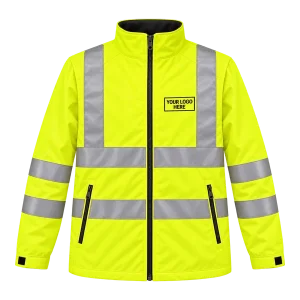 Yellow Hi-Vis jacket with a printed logo on the left chest
