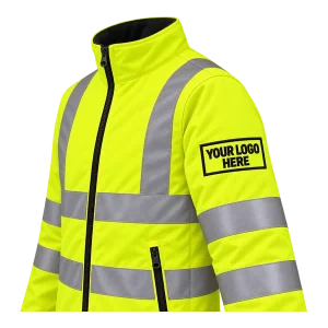 Close-up of an embroidered logo on the left sleeve of a yellow Hi-Vis jacket