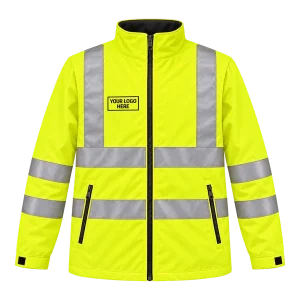 Yellow Hi-Vis jacket with a printed logo on the right chest