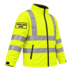 Close-up of an embroidered logo on the right sleeve of a yellow Hi-Vis jacket