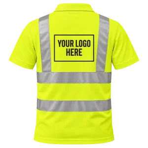 Back of a yellow Hi-Vis polo shirt with a landscape A4 printed logo