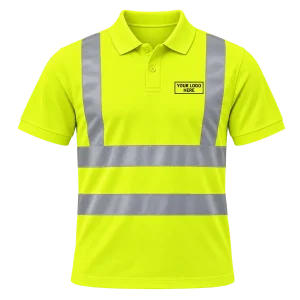 Yellow Hi-Vis polo shirt with a printed logo on the left chest