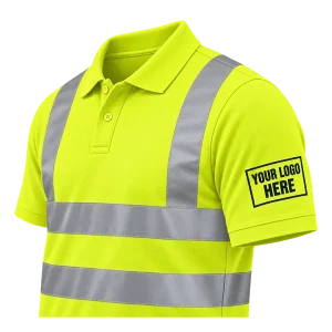 Close-up of a printed logo on the left sleeve of a yellow Hi-Vis polo shirt
