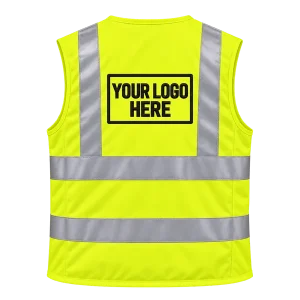 Back of a yellow Hi-Vis waistcoat with a large embroidered logo
