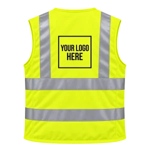 Back of a yellow Hi-Vis waistcoat with an A5-sized printed logo