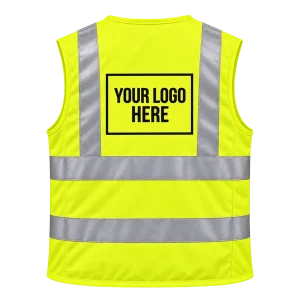 Back of a yellow Hi-Vis waistcoat with a landscape A4 printed logo