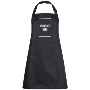 Black bib apron with white A5 portrait print logo on the centre chest.