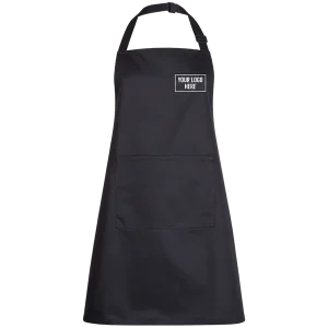 Black bib apron with white print logo on the wearer’s left chest.