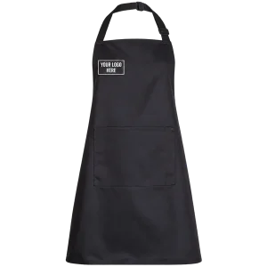 Black bib apron with white embroidery logo on the wearer’s right chest.