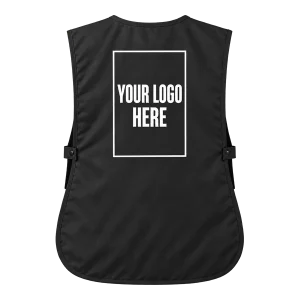 Back of a black tabard with a white A4 printed logo