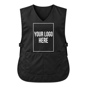 Black tabard with a large white A3 print on the centre front