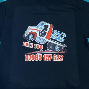 Black custom printed T-shirt with Full100 Recovery truck graphic and contact number back print by KMVT Workwear