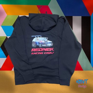 Black custom printed hoodie with large Rednek Racing Crew back graphic print by KMVT Workwear
