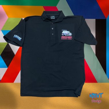 Black custom printed polo shirt with Rednek Racing Crew logo and sleeve print by KMVT Workwear